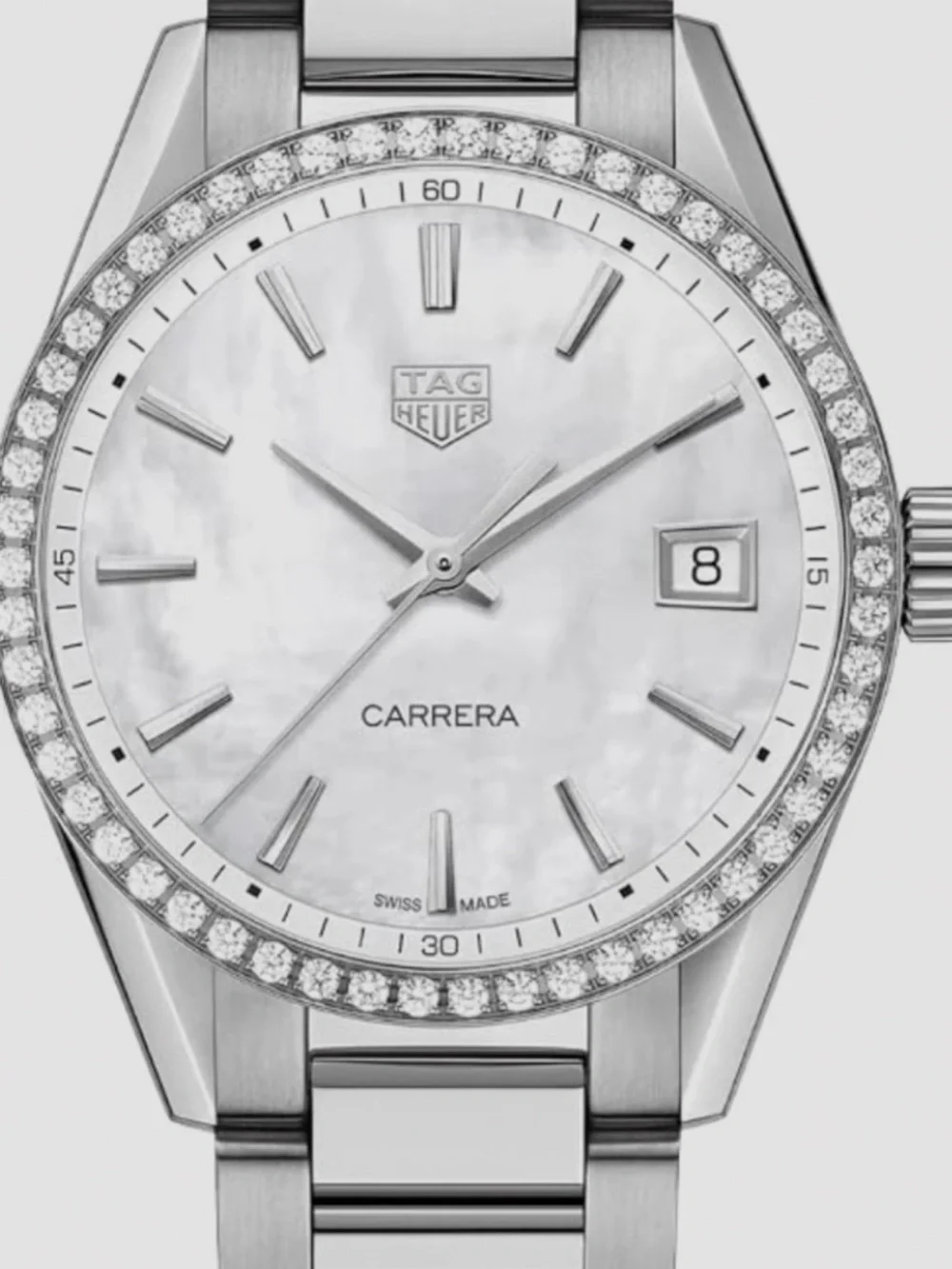 Tag Heuer Silver and White Diamond-Bezel Carrera Watch